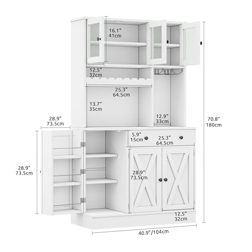 DWVO 71''H Kitchen Pantry Storage Cabinet with Power Outlet, Tall Cabinet with Doors, Shelves & Drawer, Buffet Cabinet with Goblet Holder and Wine Rack for Kitchen, Living Room (41''W, White)