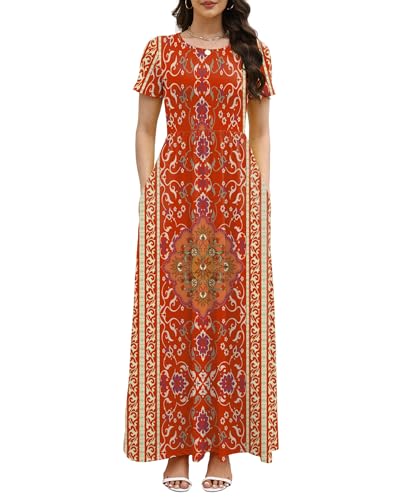 Image of COSSEN Women's Crew Neck Short Sleeve Maxi Dress with Pockets Casual Loose Swing for Wedding Guest Beach Vacation