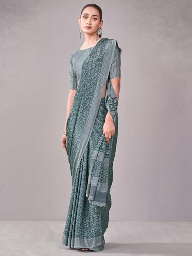 Image of Satrani Women's Crepe Printed Saree with Unstitched Blouse Piece