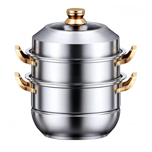 Luulifeステンレス製蒸し器 多目的蒸し器 二層式/三層式/四層式 大容量 食品グレード 蓋付きガラス蓋 竹製バスケットデザイン 様々な熱源に対応 家庭用にも業務用にも最適 (40CM,三層式)