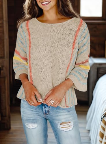 Image of Dokotoo Womens 2026 Spring Summer Casual Crewneck 3 /4 Sleeve Striped Lightweight Knit Trendy Boho Tops Pullover Sweaters