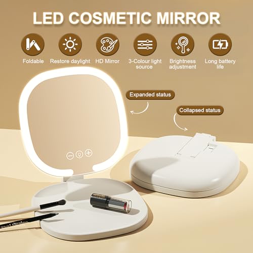 Espejo de maquillaje de viaje recargable con luz LED ajustable y diseño plegable blanco 4