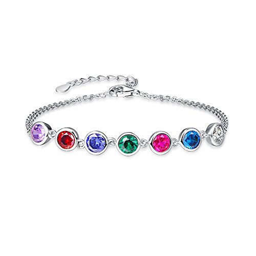 Bonlavie Pulsera de plata de ley 925 con piedras de nacimiento multicolor, circonita cúbica, eslabones cruzados, doble cadena (multi), Piedra múltiple, Cubic Zirconia Cover