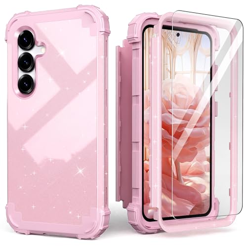 IDweel for Galaxy S25 5G Case with Screen Protector, Hybrid 3 in 1 Shockproof Heavy Duty Protection Hard PC Bumper+Soft Silicone Protective Full Body Cover for Samsung Galaxy S25 5G 6.2", Glitter Pink