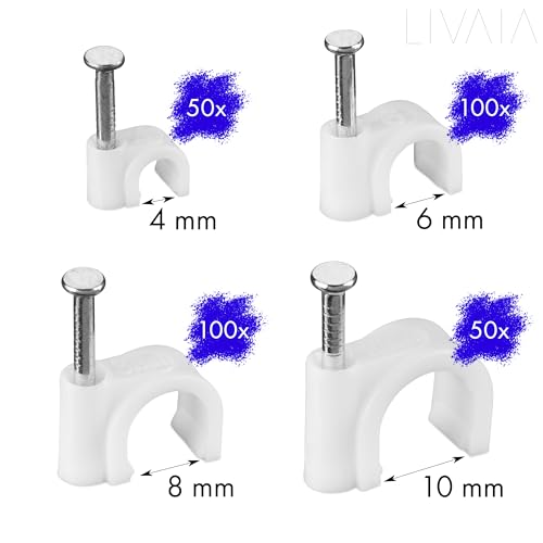 300 Stück Kabelschellen: Kabelhalter mit Nagel für bestes Kabelmanagement – Weiße Indoor & Outdoor Kabelbefestigung Wand – 4 mm, 6 mm, 8 mm, 10 mm Durchmesser – Office Accessoires von LIVAIA