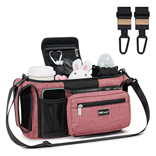 Image of TOPDesign Universal Baby Stroller Organizer, Stroller Caddy with Heightened Insulated Cup Holders & Non-Slip Secure Hooks Accessories, Fits Most Strollers, Machine Washable (Red)