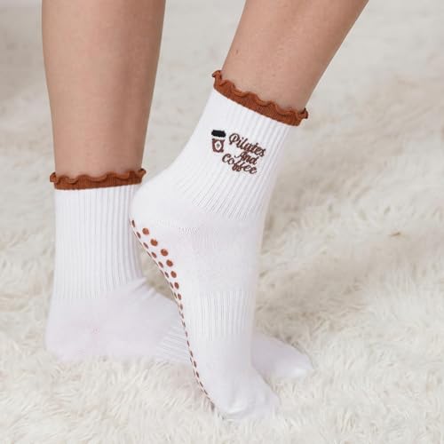 Image of Jeyiour Summer Cute Pilates Socks Women Bow Nonslip Ruffle Yoga Socks with Grip Barre Pilates Gift for Work Dance Fitness
