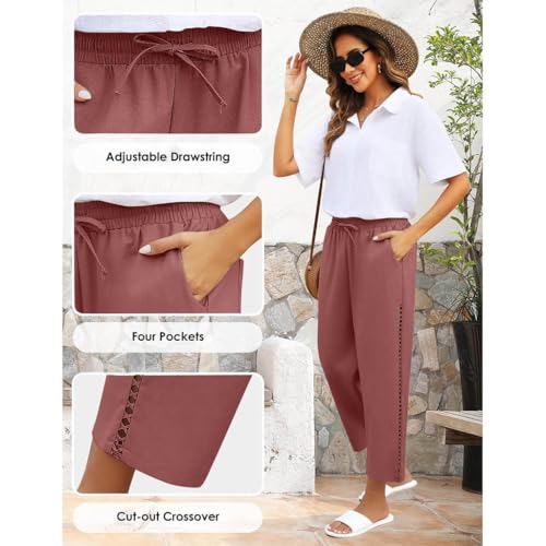 Linen Clothes for Seniors Women's Breathable Cotton-Linen Pants Casual Summer Crop Trousers High Waisted Drawstring3