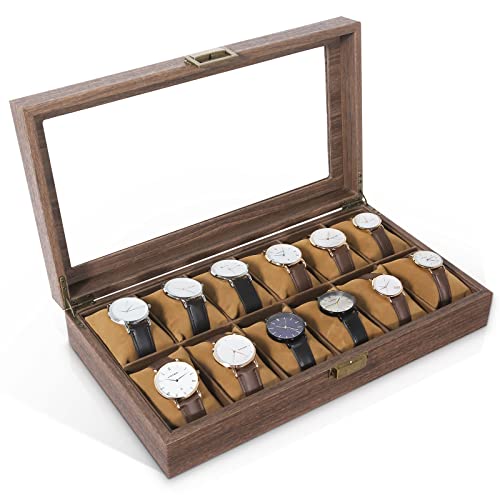 Image of Uten Watch Box 12 Slots, Watch Case Organizer with Real Glass Lid, Wood Grain PU Leather Watch Display Storage Box with Removable Imitation Suede Watch Pillows, Metal Clasp | Watch Jewelry Box, Soft Pillow, Metal Clasp, for Watch Size up to 55mm, Gifts for Collector, Anniversary, Christmas
