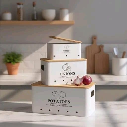 Image of 3 Pieces Potato Onion Storage Bin Sturdy for Kitchen Counter Farmhouse Decor white|Home & Garden | Kitchen Storage & Organization |3 Food Storage Containers (White)