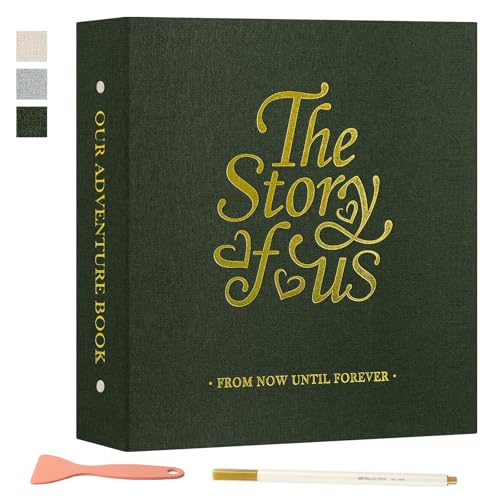 Lanpn Couples Scrapbook Photo Album - The Story of Us Linen Wedding Anniversary Self Adheisve Picture Book holds 4x6 5x7 A5 Photo for Love Newlywed Valentines Day (Small 20 Sheets/40 Pages Green)