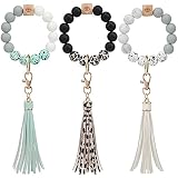 MTLEE 3 Pieces Silicone Keychain Beaded Wristlet Key Ring Bracelet Beaded Keychain with Leather Tass