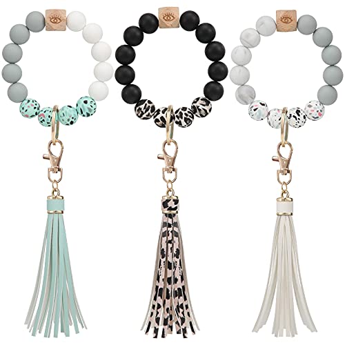Mtlee 3 Pieces Silicone Keychain Beaded Wristlet Key Ring Bracelet Beaded Keychain With Leather Tassel For Women (Retro Color) #TOP19