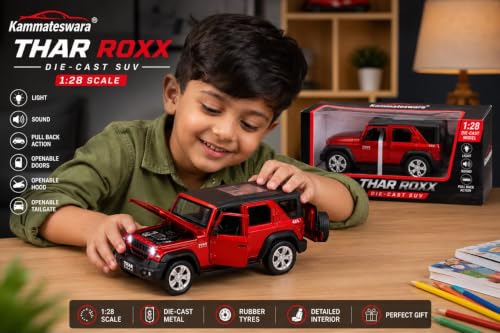 Image of Kammateswara Kids die cast car 1:32 Scale Model Metal Pullback Toy car with Openable Doors & Light Music(Random Color as per Stock) (Thar Roxx)