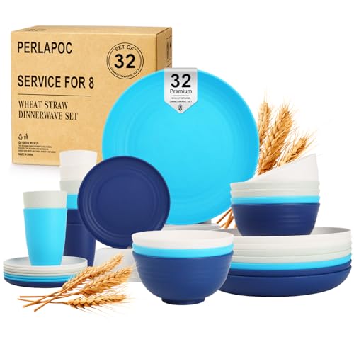 Image of Wheat Straw Dinnerware Sets of 32, Unbreakable Plates and Bowls Sets Service for 8, Dinner Plate /Dessert Plate /Bowl /Cup, for Outdoor Camping RV Apartment Essentials - Island Color