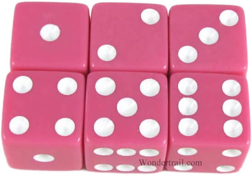 Pink Opaque Dice with White Pips D6 16mm (5/8in) Pack of 6 Dice Koplow Games