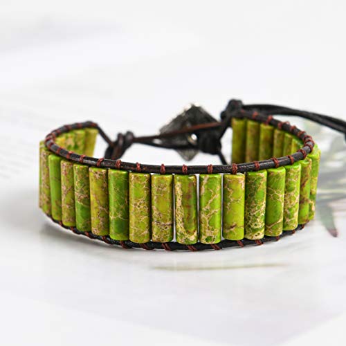 Ygline Leather Chakra Tube Beads Wrap Bracelet, Multi Color Natural Imperial Jasper For Luck And Harmony,Handmade And Adjustable Wrap Bracelet (Green 2) #TOP5