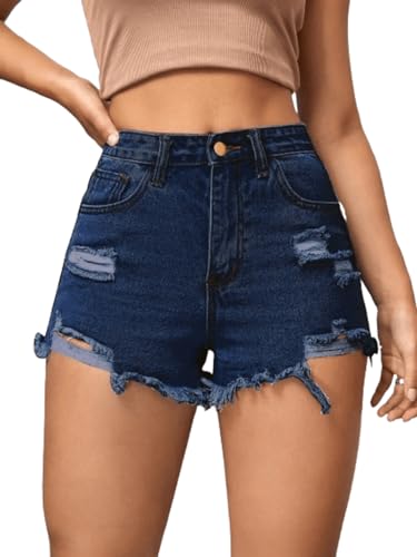 Image of Aahwan Blue Solid High Waist Ripped Raw Trim Denim Shorts Casual Summer Shorts for Women's & Girls