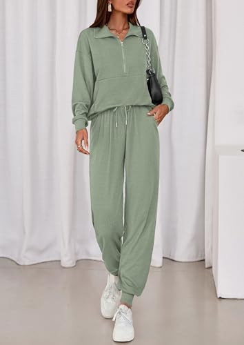 Image of PRETTYGARDEN Women 2 Piece Ribbed Knit Matching Lounge Sets | Comfy Sweat Track Suits, Athleisure Casual Outfit, Half Zip Sweatshirt & Jogger Pants, Fall Winter Clothes for Airport Travel