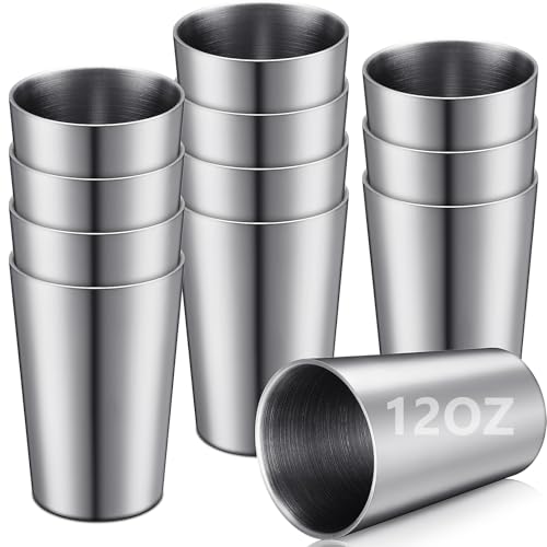 Ziliny 12 Pack Stainless Steel Cups 12oz Double Wall Vacuum Cup Stackable Insulated Metal Tumbler Drinking Glasses for Party Bar Travel Camping Outdoor and Home(Sliver)