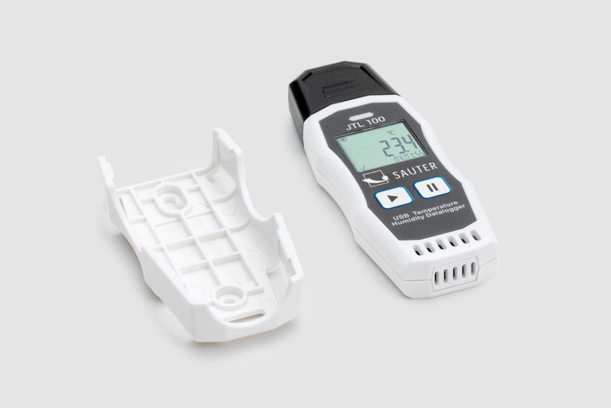 Sauter JTL 100 rejestrator temperatury i wilgotności IP65, kompaktowy rejestrator danych z 64 000 grupami pomiarowymi, funkcja alarmu i USB-C do łańcucha chłodzącego, transportu i przechowywania