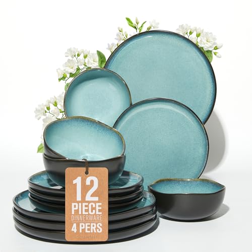 Image of Pokini Stoneware Dinnerware Sets, Kitchen Plates and Bowls Set, Ceramic Dish Set for 4, Modern Chip & Scratch Resistant Dishware Sets, Durable Reactive Glaze Dinner Set, Green Black