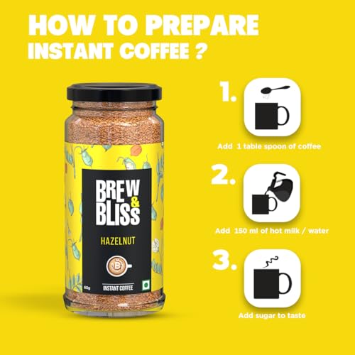 Image of Brew & Bliss Hazelnut Coffee | 60g | Instant Flavored Cafe Style Coffee | 100% Authentic Strong Coffee Powder for Hot & Cold