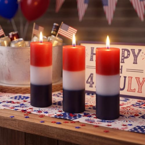 Image of Conelist 3 Pcs Red White and Blue Wax Candle 4th of July Unscented Dripless Pillar Patriotic Candles Smokeless Independence Day American Gifts for Dinner Party Decoration(Red Blue White,2 Inch)