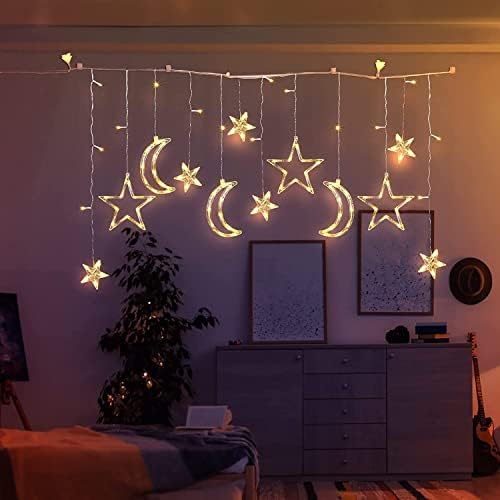 Coselena Curtain Lights with 138 LED Lights | Battery & USB Operated Star and Moon Window Lights | Christmas Lights | Fairy Lights with 8 Lighting Modes & Timer Function for Christmas Decorations