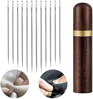 TIANLIN 12 Pcs Hand Sewing Needles, 3 Sizes Big Eye Needles, Steel Easy Thread Needles with 2 Pcs Leather Lacing Needles and Wooden Needle Box, for Leather Sewing Hand Stitching