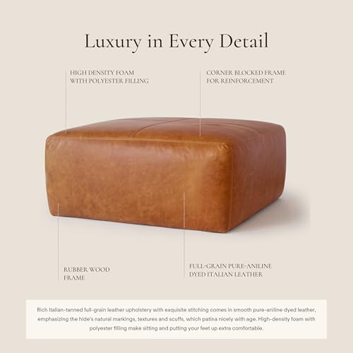 Image of POLY & BARK Sequoia Ottoman - 35 inch Square Pouf with Feather-Down Topper - Full-Grain Leather Upholstered Pouf Ottoman for Living Room - Vintage Italian Leather in Cognac Tan