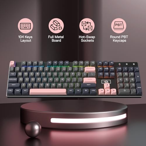 Image of Redragon K556 SE Wired Gaming Keyboard, 104 Keys Hot-Swap Mechanical Keyboard w /Original Aluminum Base, Upgraded Socket, Noise Dampening Kit, PBT Keycaps & Custom Linear Switch, Dawn Sakura Color