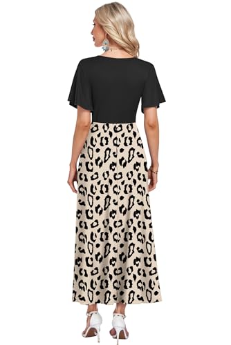 AUSELILY Maxikleider Damen Sommer Kleid Lässig Hohe Taille Lockere Passform Mit Taschen Beige Leopard XS 5