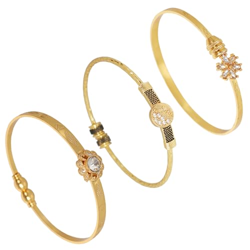 Image of Touchstone Indian Bollywood Handcrafted Engraved Etched Floral Round Rhinestones Cubic Zirconia CZ Designer Jewelry Openable Elegant Gold Plated Bracelets Combos for Women