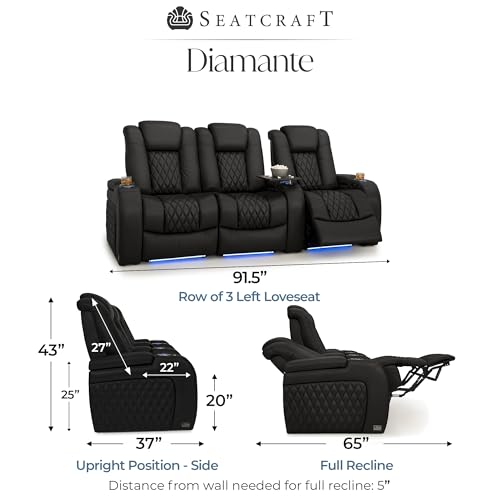 Image of Seatcraft Diamante Black Italian Leather Home Theater Seating, Zero Gravity Power Recliner Gaming and Home Office Chair, Powered Headrest Lounge Sofa Furniture for Cinema Room, Row of 3 Left Loveseats
