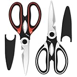 2 Pcs Heavy Duty Kitchen Scissors for Food – 5-in-1 Stainless Steel Kitchen Shears with Bottle Opener, Non-Slip Handles & Protective Cover – Utility Scissors for Cutting Meat, Poultry & Vegetables