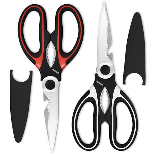 2 Pcs Heavy Duty Kitchen Scissors for Food – 5-in-1 Stainless Steel Kitchen Shears with Bottle Opener, Non-Slip Handles & Protective Cover – Utility Scissors for Cutting Meat, Poultry & Vegetables