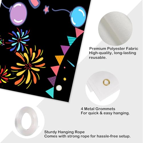 Image of Nuxovilar Happy Birthday Banner Fireworks 18x79 Inches Polyester | Party Sign, Firework Poster colorful happy birthday banner, yard decoration yard, porch, fence (Fireworks)