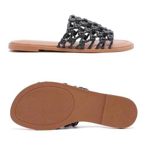 Image of Ruiee Wide Width Flat Sandals for Women. | Wide Width Sandals, X-Wide Feet Slides, Summer Braided Flat Slides, Versatile, Fashion Comfort
