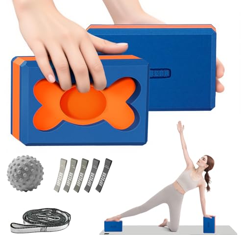 HAPBEAR Yoga Blocks 2 Pack - 9x6x3in High-Density EVA Foam with Non-Slip Textured Surface, Supportive for Deep Stretching & Lightweight - Ideal for Yoga, Pilates, Stretching Exercises Blue/O