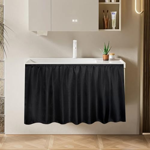 Fabric Sink Skirt Waterproof Self-Adhesive Bathroom Sink Skirt Diamond Stitch Design, 55 x 32 Inches, Adds Under Sink Storage (Black)
