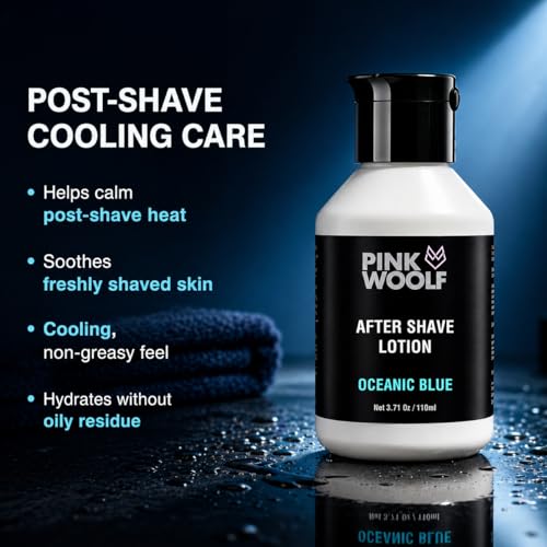 Image of PINK WOOLF After Shave Lotion for Men | Cooling Post-Shave Care for Oily Skin | Oceanic Blue | Alcohol-Free, Lightweight, Non-Greasy | Razor Burn Relief | 110ml