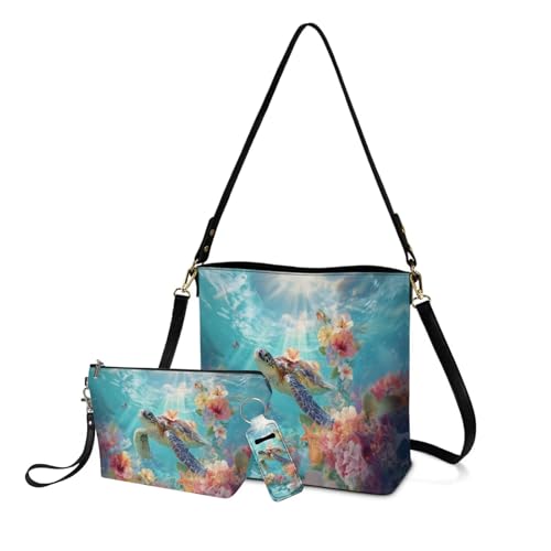 Lotusorchid Sea Turtle Print Tote Bags Crossbody Handbag Set of