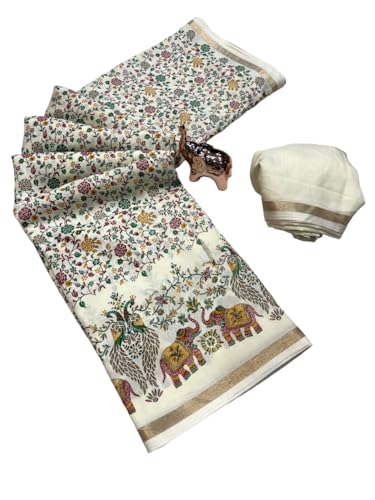Image of Kalamkari Floral Prints Dola Silk Saree With Rich Zari Border Designer Pallu Attach Blouse Piece
