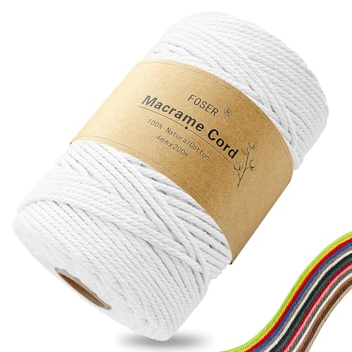 FOSER Premium Makramee Garn 4mm × 200m Natürliches Makramee Schnur Makramee Kordel für Handwerk wanddeko (Weiß)
