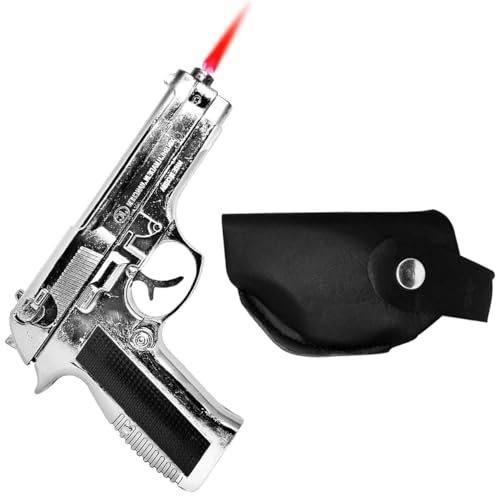 Image of 608 Lighter with Barrel Pull Back Heavy Metal Made Silver Color Gun Shape Gas Lighter with PU Holster | Loading Feature Dummy Gun Jet Flame Butane Refillable Lighter