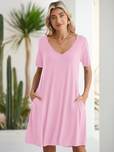 Image of BELAROI Women Casual Summer Dresses Loose Tshirt Beach Sundress V Neck Plus Size Swing Tunic Pockets