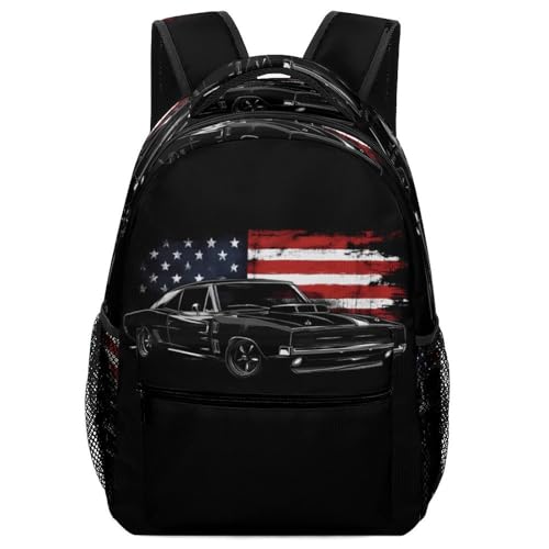 Muscle Car U.S.A. Flag Funny Backpack Casual Daypack Lightweight Shoulders Bag for Men Women Cute Print