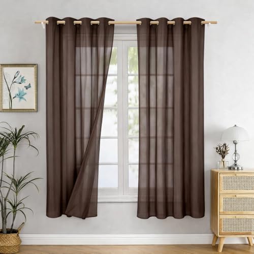 Image of 7 Feet Door Curtains Set of 2 - Semi Transparent Sheer Curtains for Living Room & Bedroom | Polyester Eyelet Curtain Panels | Modern Door & Window Curtain (Coffee)