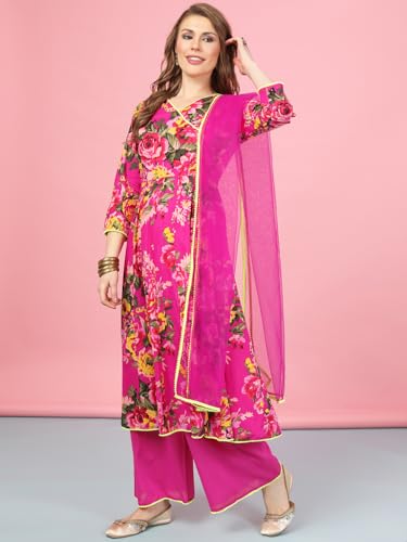 Image of A.T.U.N. (ALL THINGS UBER NICE) Womens Floral Printed Angrakha Pure Cotton Kurta with Palazzos & Dupatta Set | Traditional Ethnic Wear Clothing Set